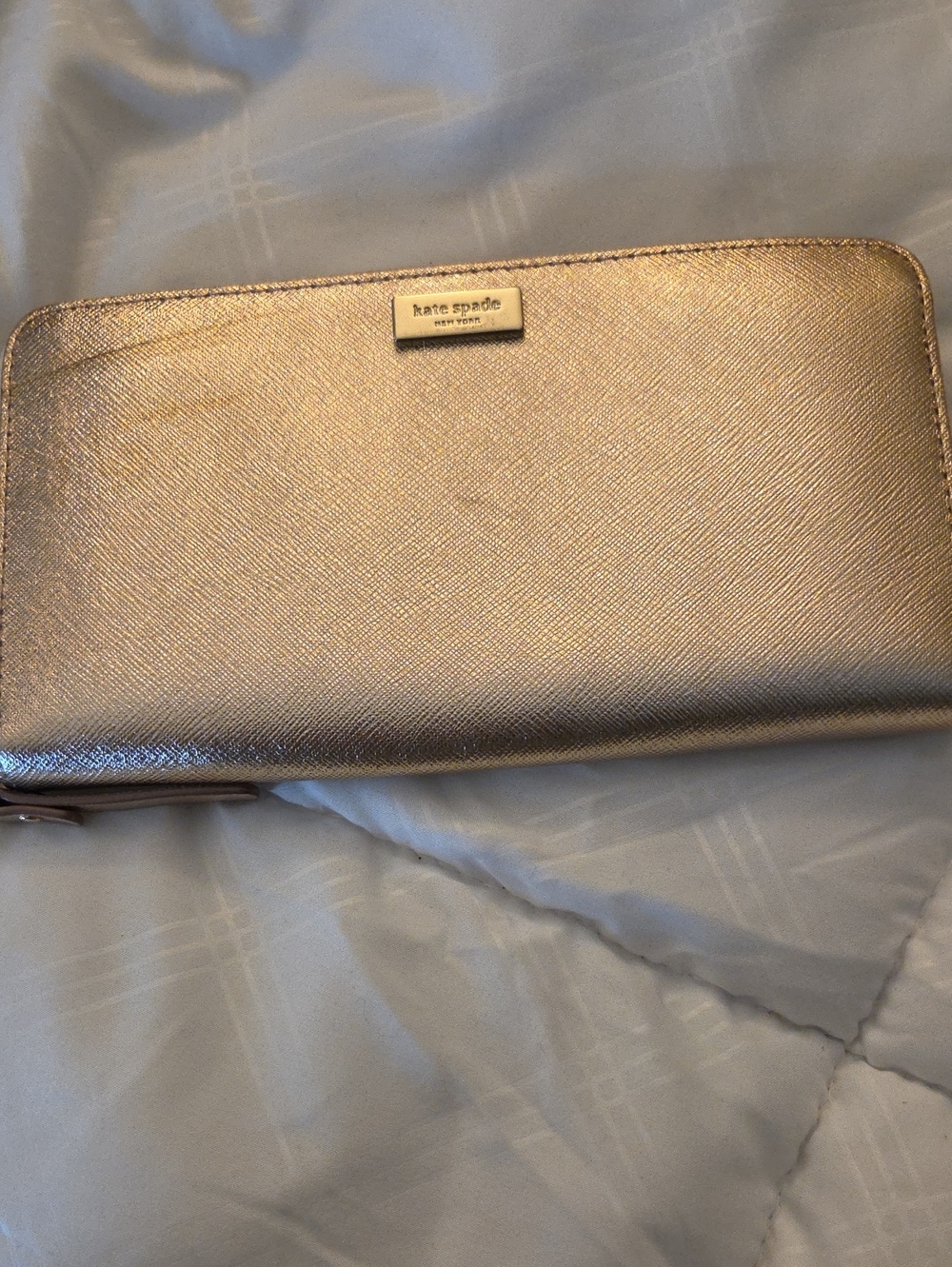kate spade metallic rose gold zip-around wallet
